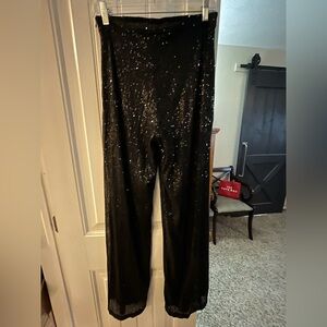 Elegant Black Sequin Pull on Pant lined, side zipper, wide leg, Stretchy size S